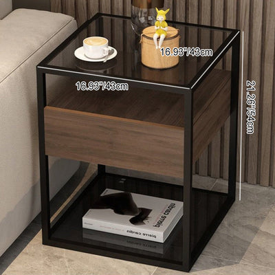 Contemporary Scandinavian Square Table Top Glass Solid Wood Iron Rock Slab Nightstand 1-Drawer For Bedroom