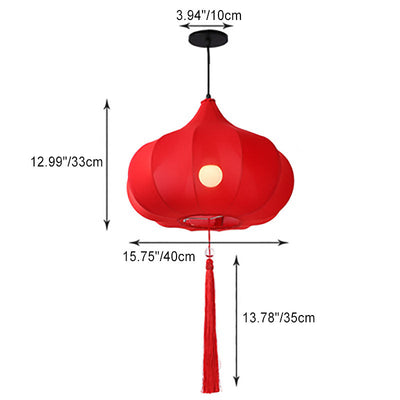 Traditional Chinese Lantern Fabric Iron 1-Light Pendant Light For Bedroom