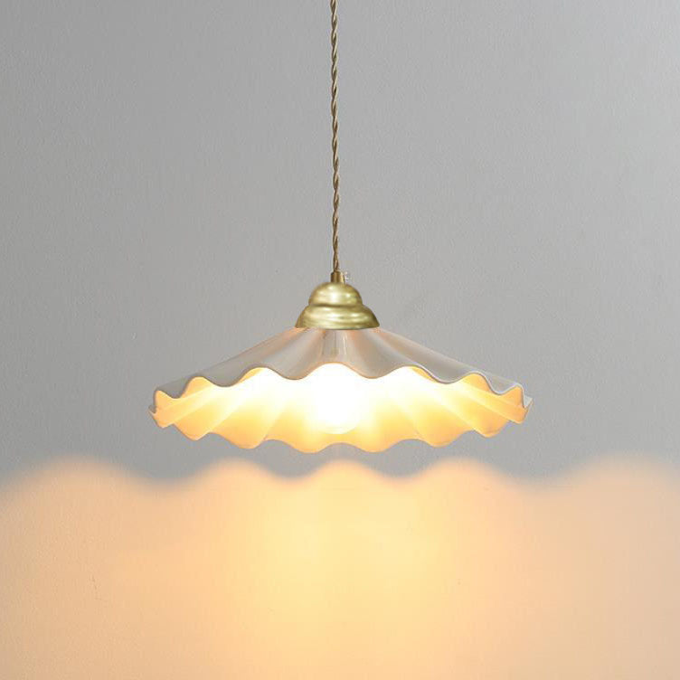 Lampe Suspendue Vintage à 1 Lumière en Laiton Fleur en Céramique, Japonaise 
