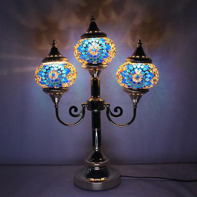 Traditional Rustic Stained Glass Round Shade Sconce 3-Light Table Lamp For Bedroom