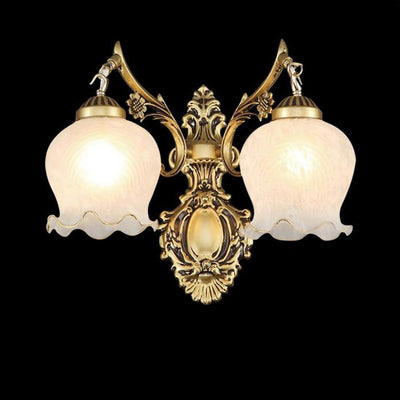 European Light Luxury Full Copper Flower Shade 1/2- Light Wall Sconce Lamp