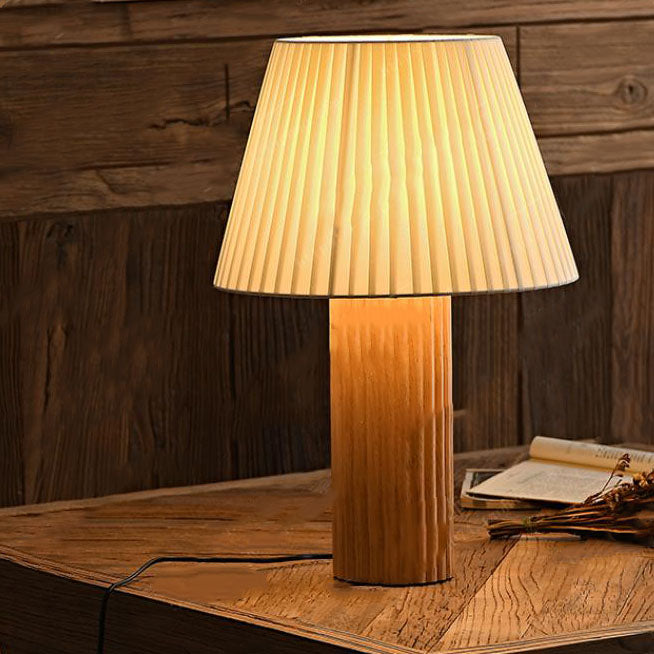Lampe de table à 1 lumière avec base en bois et abat-jour en tissu plissé rétro japonais 