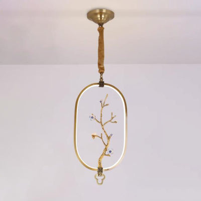 Traditional Chinese Oval Dendritic Flower Full Copper Ceramic LED Pendant Light For Living Room