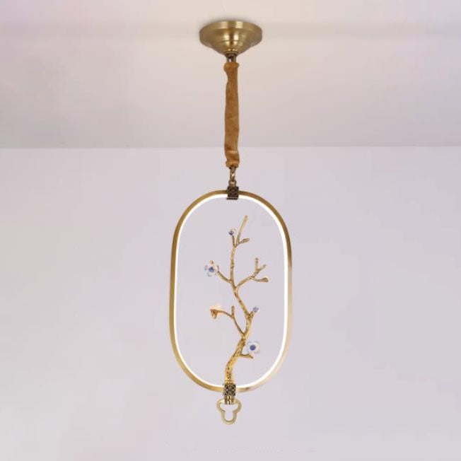 Traditional Chinese Oval Dendritic Flower Full Copper Ceramic LED Pendant Light For Living Room