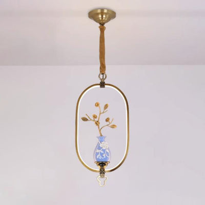 Traditional Chinese Oval Dendritic Flower Full Copper Ceramic LED Pendant Light For Living Room