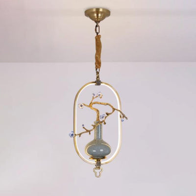 Traditional Chinese Oval Dendritic Flower Full Copper Ceramic LED Pendant Light For Living Room