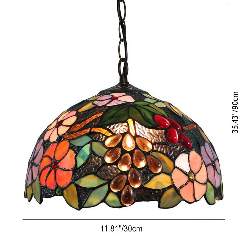 Traditional Tiffany Iron Stained Glass Flower Shape 1-Light Pendant Light For Living Room