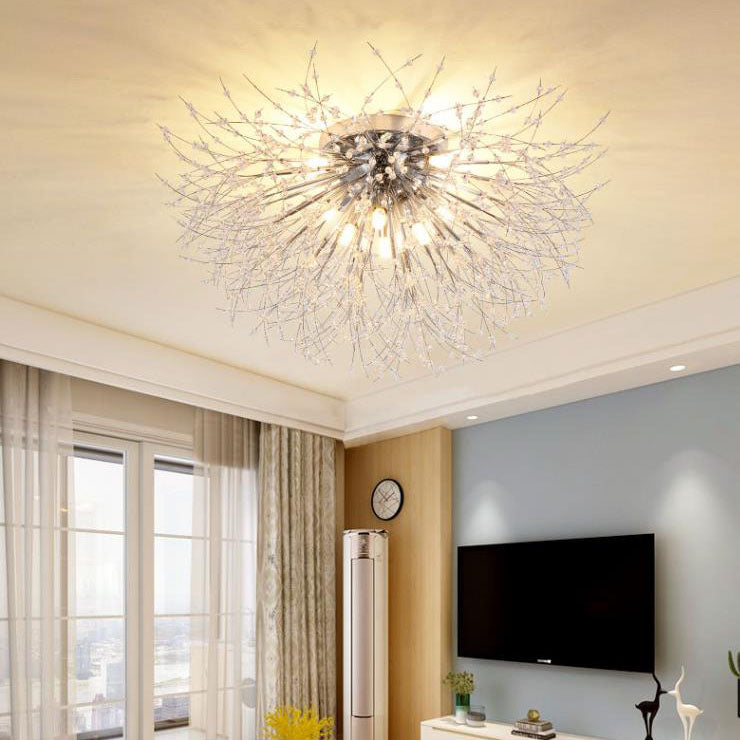 Modern Art Deco Crystal Beads Dandelion Aluminum Strip Shape 4/5/6/8-Light Semi-Flush Mount Ceiling Light For Living Room