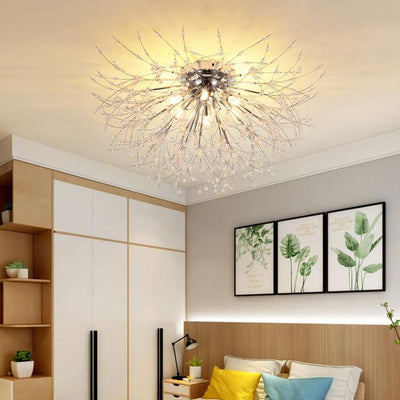 Modern Art Deco Crystal Beads Dandelion Aluminum Strip Shape 4/5/6/8-Light Semi-Flush Mount Ceiling Light For Living Room