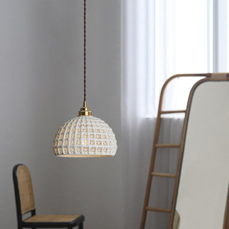 Contemporary Retro Ceramic Basket Shade Wood Brass 1-Light Pendant Light