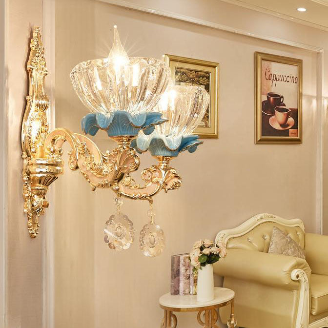 Traditional European Flower Petal Zinc Alloy Crystal Glass 1/2 Wall Sconce Lamp For Living Room