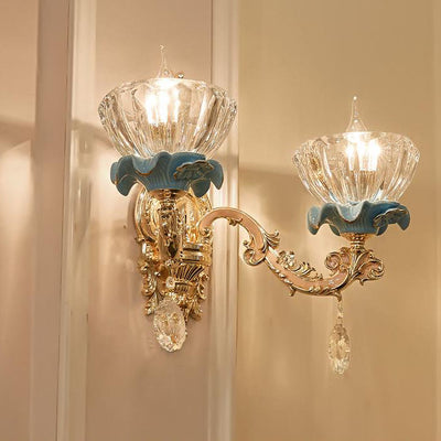 Traditional European Flower Petal Zinc Alloy Crystal Glass 1/2 Wall Sconce Lamp For Living Room