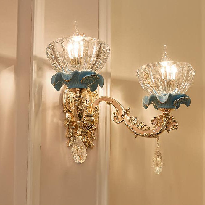 Traditional European Flower Petal Zinc Alloy Crystal Glass 1/2 Wall Sconce Lamp For Living Room