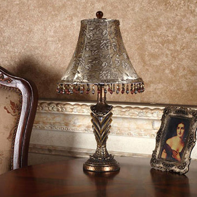 Traditional European Cylinder Carved Stripe Base Resin Fabric 1-Light Table Lamp For Bedroom