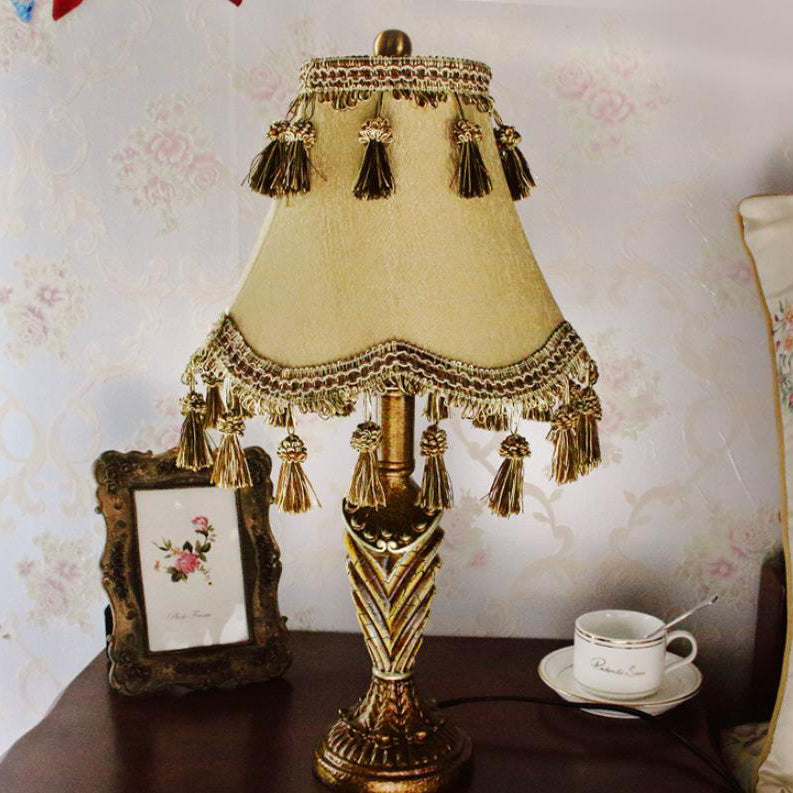 Traditional European Cylinder Carved Stripe Base Resin Fabric 1-Light Table Lamp For Bedroom