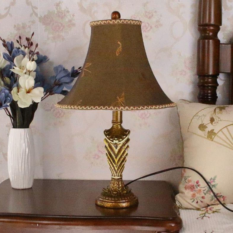 Traditional European Cylinder Carved Stripe Base Resin Fabric 1-Light Table Lamp For Bedroom