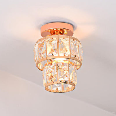 Contemporary Luxury Stainless Steel Frame Double Crystal Rings 1-Light Semi-Flush Mount Ceiling Light For Living Room