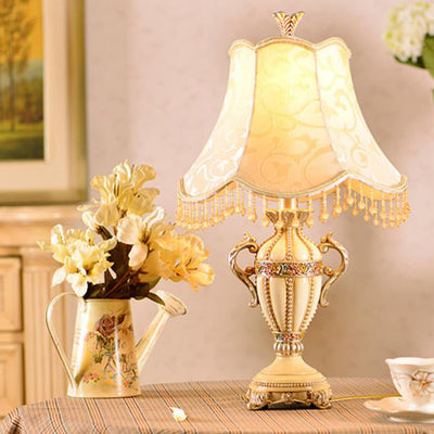 Traditional European Vase Base Round Trapezoidal Iron Resin Fabric 1-Light Table Lamp For Bedroom