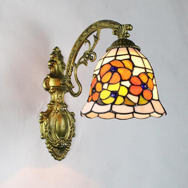 Traditional Tiffany Flower Cup Iron Stained Glass 1-Light Wall Sconce Lamp For Living Room