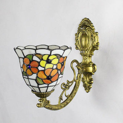 Traditional Tiffany Flower Cup Iron Stained Glass 1-Light Wall Sconce Lamp For Living Room