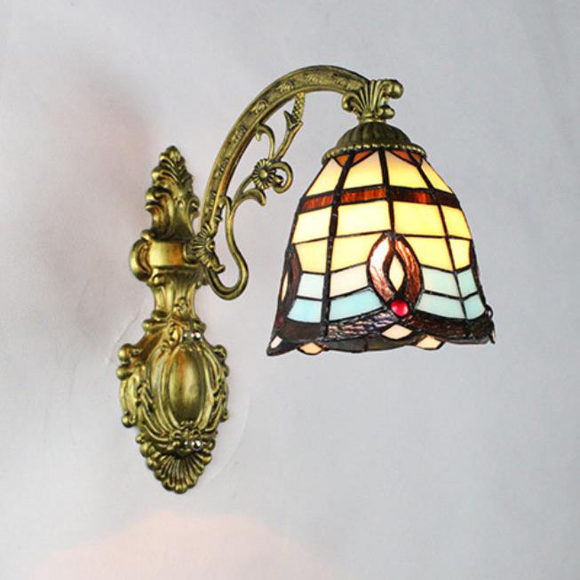 Traditional Tiffany Flower Cup Iron Stained Glass 1-Light Wall Sconce Lamp For Living Room