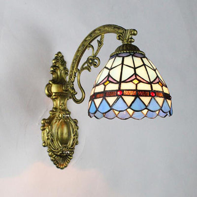 Traditional Tiffany Flower Cup Iron Stained Glass 1-Light Wall Sconce Lamp For Living Room