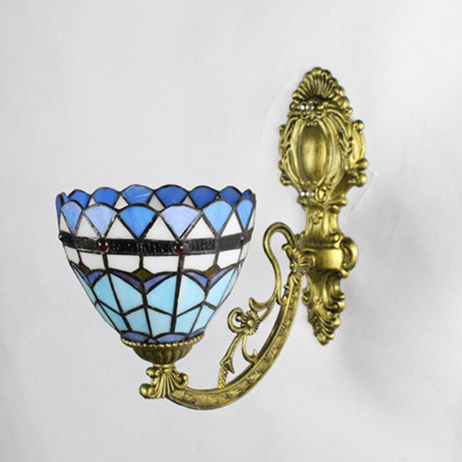 Traditional Tiffany Flower Cup Iron Stained Glass 1-Light Wall Sconce Lamp For Living Room