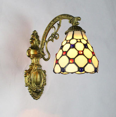 Traditional Tiffany Flower Cup Iron Stained Glass 1-Light Wall Sconce Lamp For Living Room