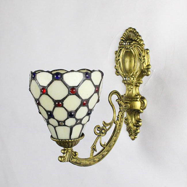 Traditional Tiffany Flower Cup Iron Stained Glass 1-Light Wall Sconce Lamp For Living Room