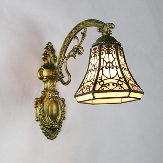 Traditional Tiffany Flower Cup Iron Stained Glass 1-Light Wall Sconce Lamp For Living Room