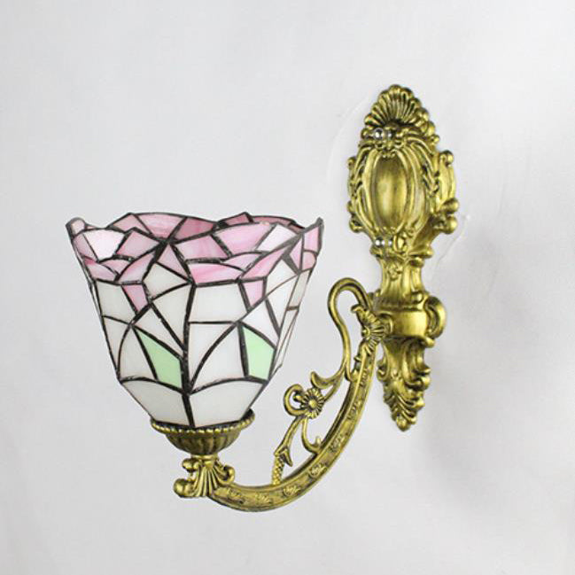 Traditional Tiffany Flower Cup Iron Stained Glass 1-Light Wall Sconce Lamp For Living Room