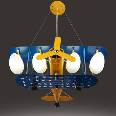 Contemporary Creative Cartoon Metal Aircraft Glass Shade 5-Light Kids Chandelier For Bedroom