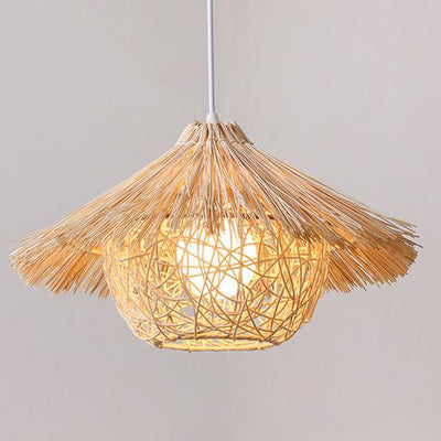 Traditional Rustic Rattan Weaving Straw Hat 1-Light Pendant Light For Dining Room