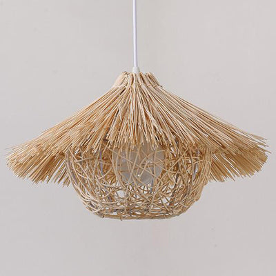 Traditional Rustic Rattan Weaving Straw Hat 1-Light Pendant Light For Dining Room