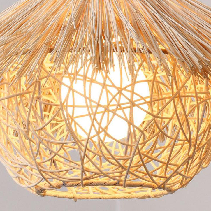 Traditional Rustic Rattan Weaving Straw Hat 1-Light Pendant Light For Dining Room