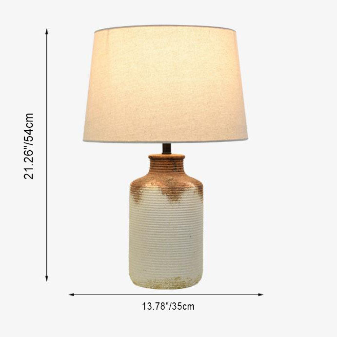 Traditional Japanese Fabric Shade Earthenware Pot Base 1-Light Table Lamp For Bedroom