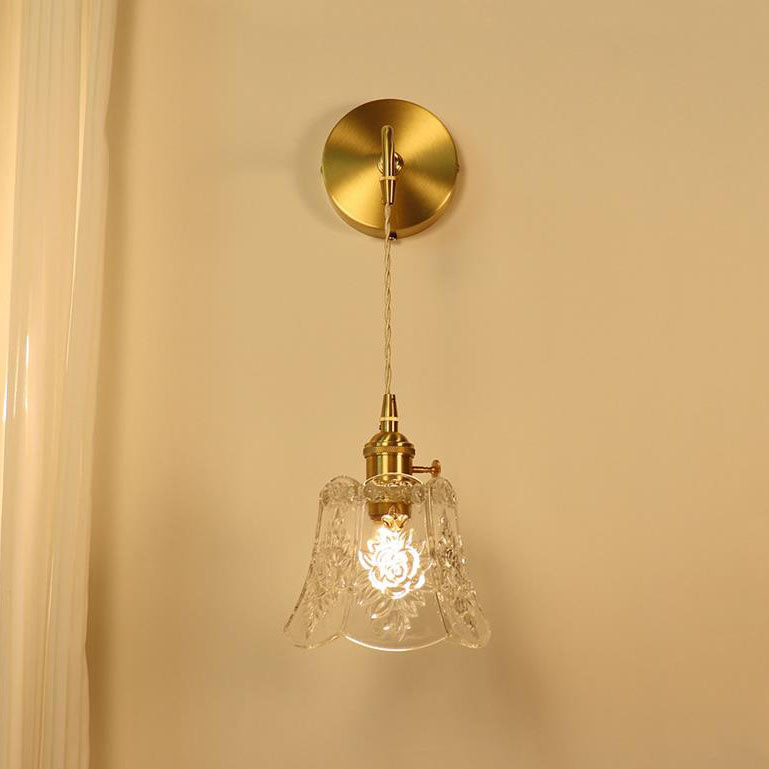 Traditional French Brass Carved Glass 1-Light Wall Sconce Lamp For Bedroom