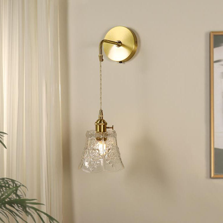 Traditional French Brass Carved Glass 1-Light Wall Sconce Lamp For Bedroom