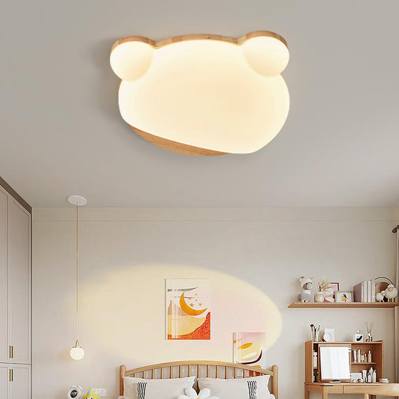 Contemporary Creative Bear Rubberwood Acrylic LED Flush Mount Ceiling Light For Bedroom