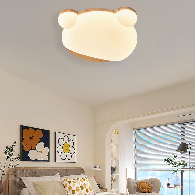 Contemporary Creative Bear Rubberwood Acrylic LED Flush Mount Ceiling Light For Bedroom