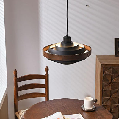 Modern Minimalist Multiple Layers Round Hardware Solid Wood 1-Light Pendant Light For Living Room