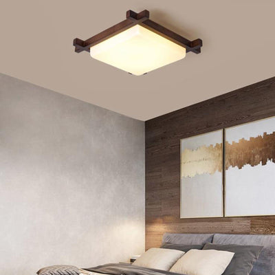 Traditional Chinese Square Wood Acrylic LED Flush Mount Ceiling Light For Bedroom