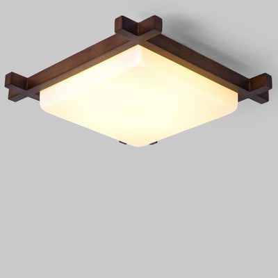 Traditional Chinese Square Wood Acrylic LED Flush Mount Ceiling Light For Bedroom