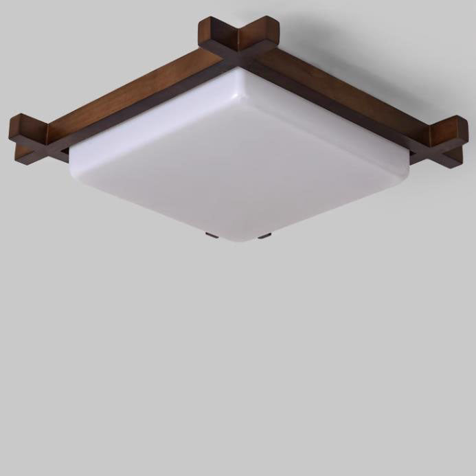 Traditional Chinese Square Wood Acrylic LED Flush Mount Ceiling Light For Bedroom