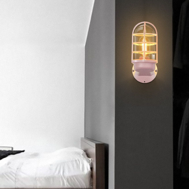 Contemporary Creative Macaron Cylinder Grid Iron Glass 1-Light Wall Sconce Lamp For Living Room