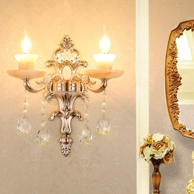 Traditional European Carved Sconce Zinc Alloy Imitation Jade 1/2 Light Wall Sconce Lamp For Living Room