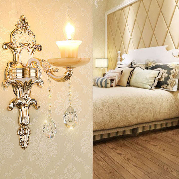 Traditional European Carved Sconce Zinc Alloy Imitation Jade 1/2 Light Wall Sconce Lamp For Living Room