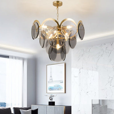 Modern Luxury Golden Finish Frame Tiered Glass Disc Shade 7/13-Light Chandelier For Living Room