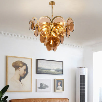 Modern Luxury Golden Finish Frame Tiered Glass Disc Shade 7/13-Light Chandelier For Living Room