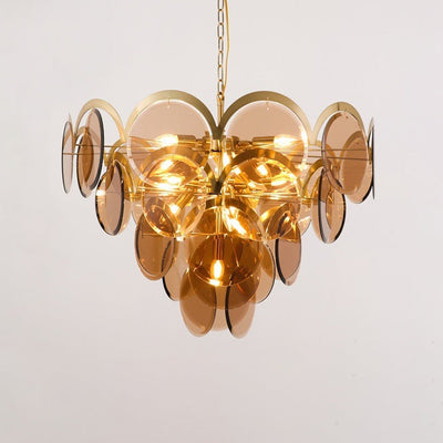 Modern Luxury Golden Finish Frame Tiered Glass Disc Shade 7/13-Light Chandelier For Living Room